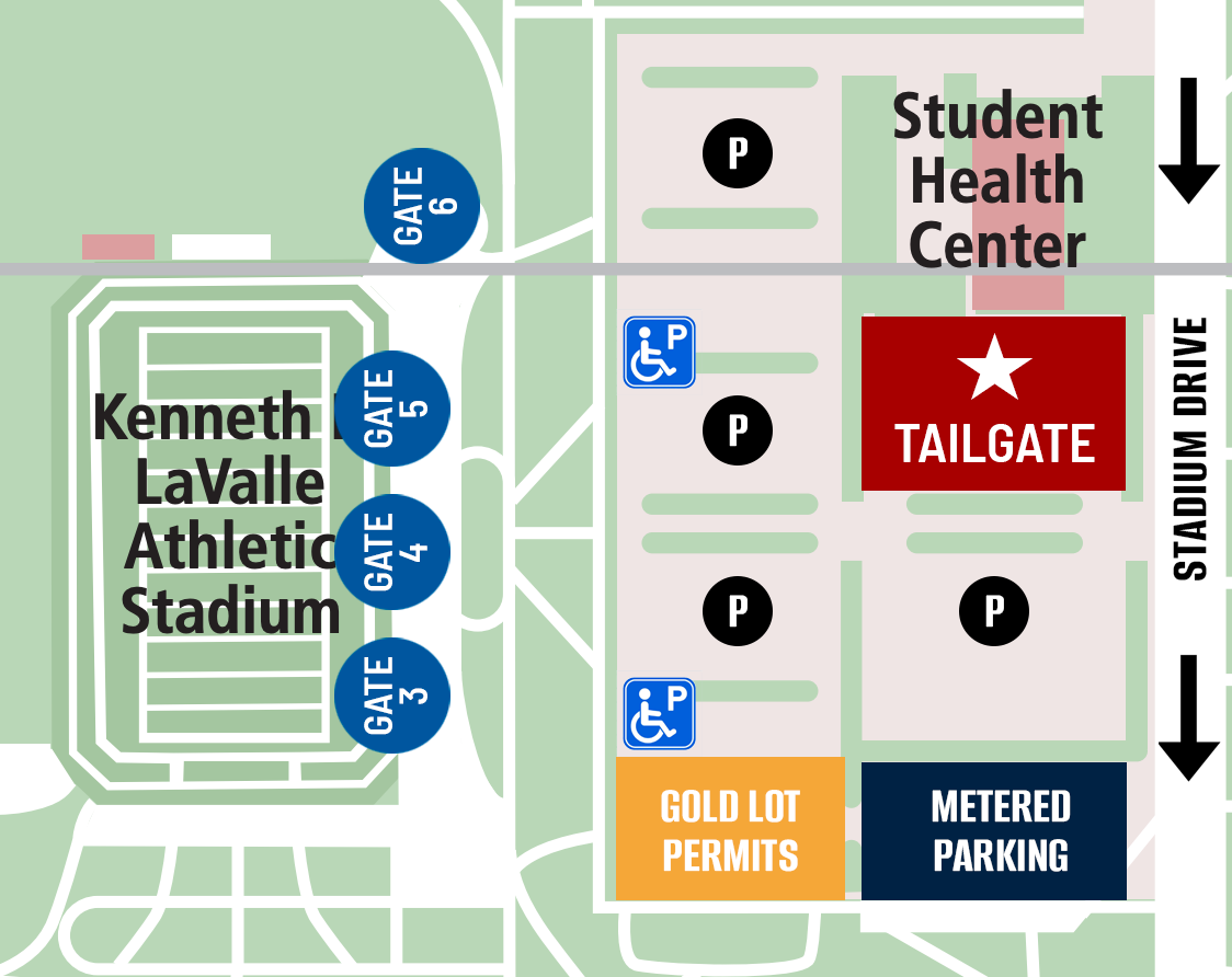 Map of the Lavalle Stadium parking lot. The Tailgate is next the the Student Health Center