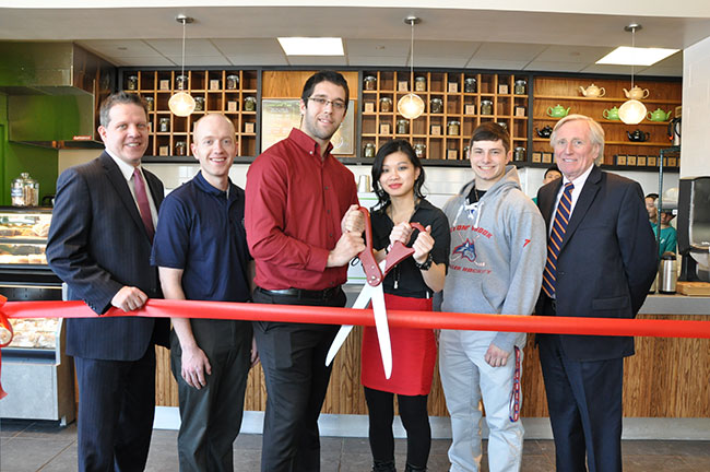 Pictured left to right: Andrew Lackmann, CEO, Lackmann Culinary Services, Kevin Conn, Assistant Director for College Housing, Campus Residences, Thomas Kirnbauer, Administrative Director, Undergraduate Student Government and Vice President of ASA Board of Directors, Caitlin Weisz, Commuter Representative Student Voice on Campus Dining, Nicholas Vollano, Resident Representative Student Voice on Campus Dining and Peter Baigent, Vice President for Student Affairs and President of ASA Board of Directors.