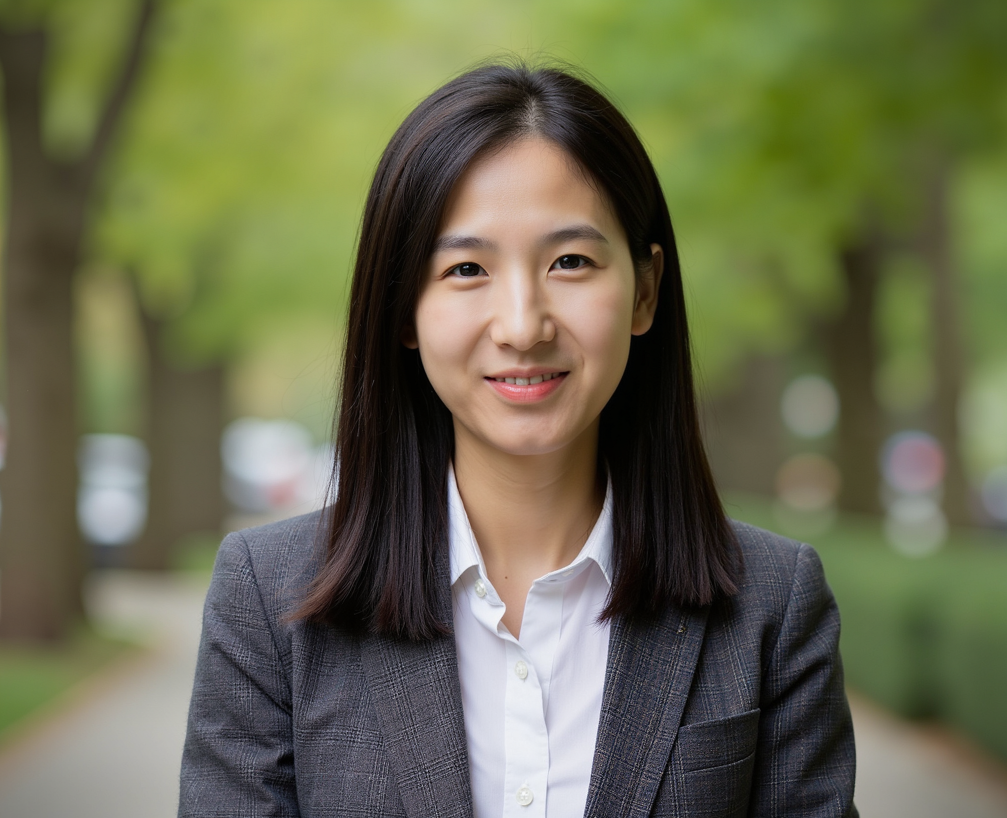 A portrait of a smiling person in a white shirt, standing outdoors with trees softly blurred in the background.