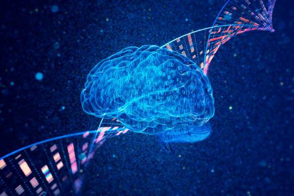 Biomedical Engineering A digital blue brain with binary code is overlaid against a dark background, intertwined with a colorful DNA strand, symbolizing technology and genetics.
