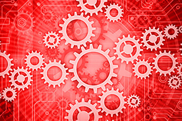Mechanical Engineering Red digital abstract background featuring interconnected white gears overlaid on a circuit board pattern, conveying a sense of technology and innovation.