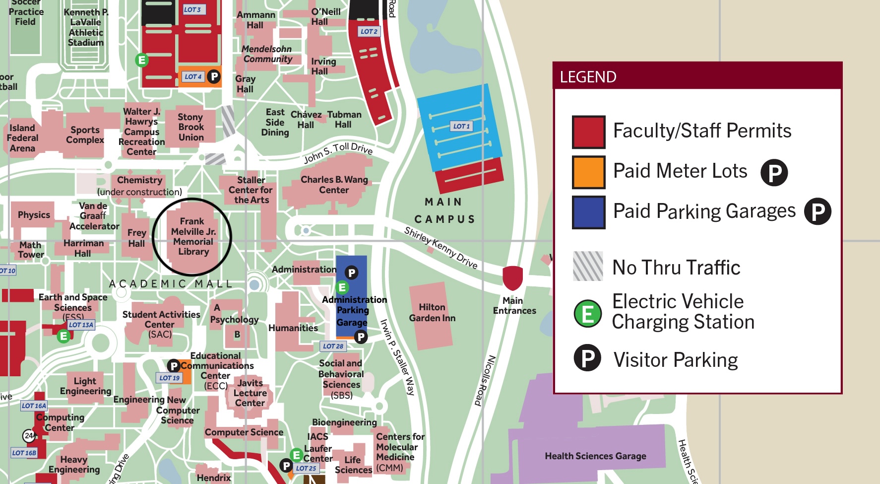 screenshot of a map of SBU with a circle on Melville Library