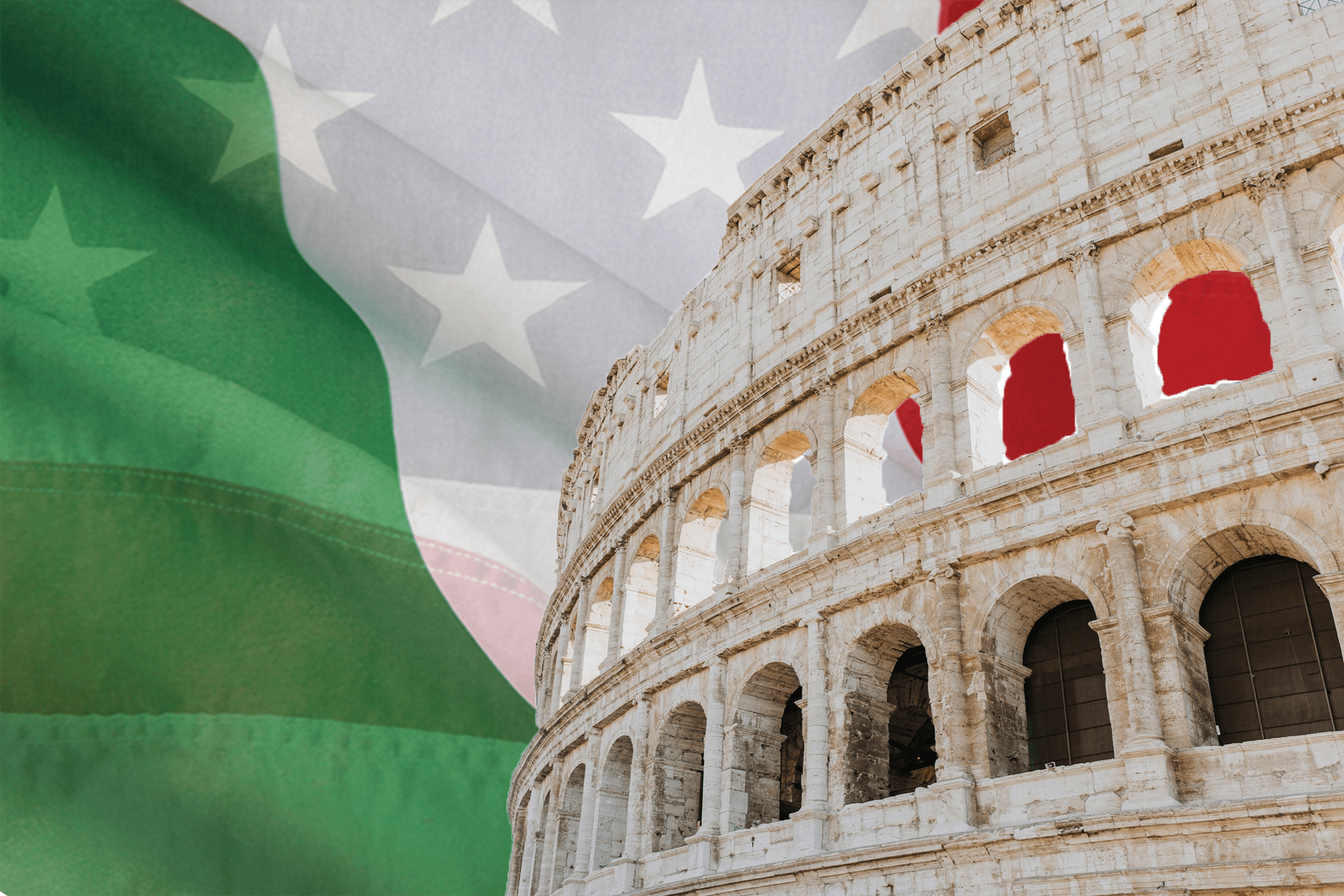 photo of Coliseum with background of Italian flag