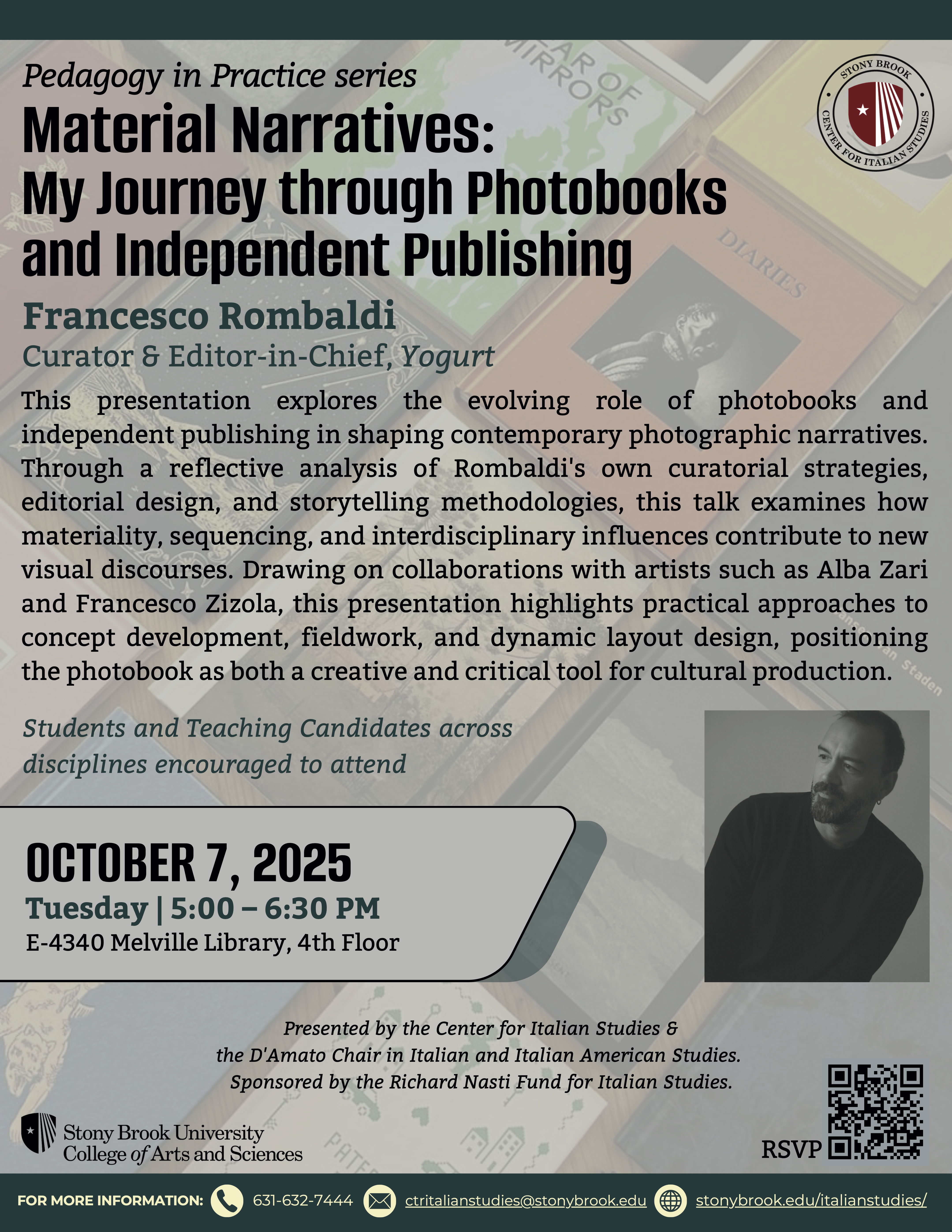 flyer advertising Francesco Rombaldi's lecture event on October 7 (5-6:30pm) at the Center. Information on the flyer is the same as what's on the site. Click on the flyer to open a pdf version in a new tab