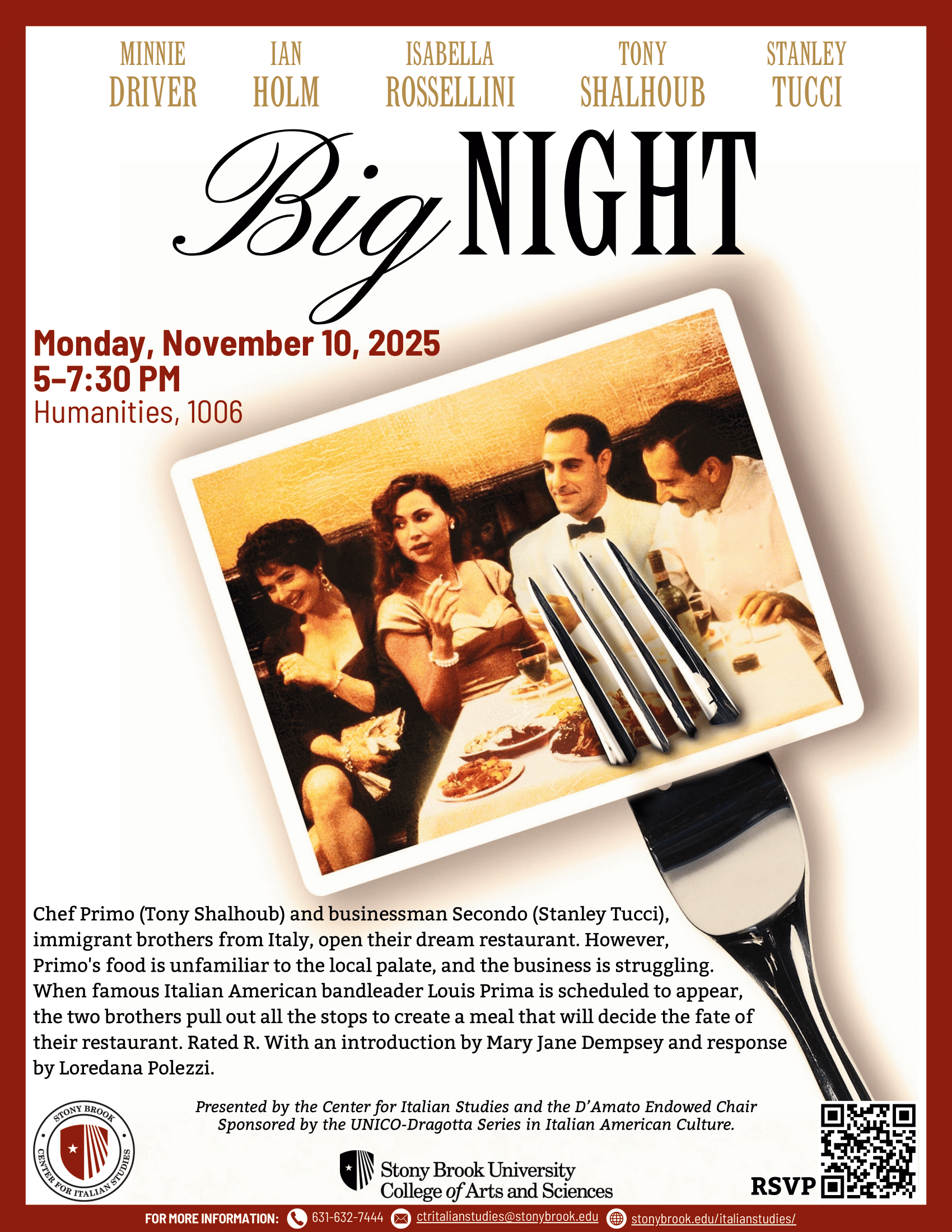 flyer advertising the showing of "Big Night" and accompanying talks. Information on the flyer is the same as what's on the site. Click the flyer for a pdf version
