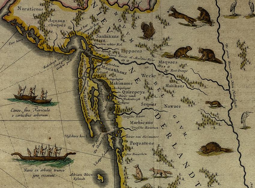 Hand-colored 17th-century map of New England and the Mid-Atlantic, from Penobscot Bay to Chesapeake Bay, oriented with north to the right. Created by Willem and Joan Blaeu, it features Latin, Dutch, and vernacular place names, along with illustrated animals like deer, beavers, and turkeys. Based on Adriaen Block’s 1614 chart, the map reflects early Dutch exploration and territorial claims, as well as the natural resources and Native American presence in the region.