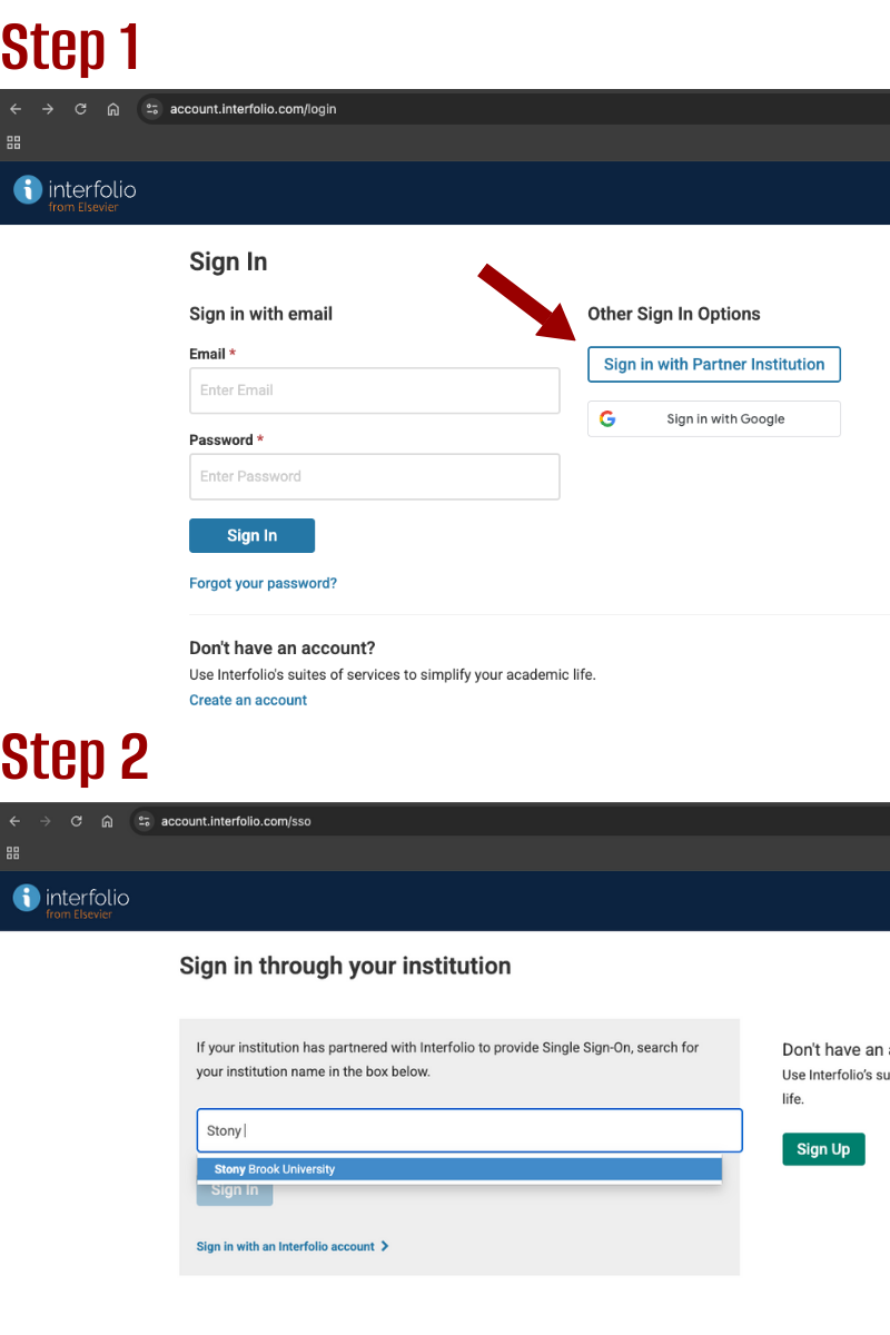 screenshots of the Interfolio login process