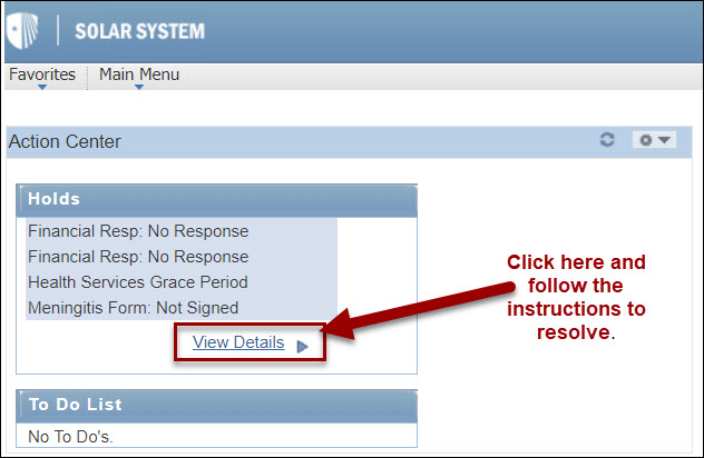 Screenshot of Holds notification in SOLAR.